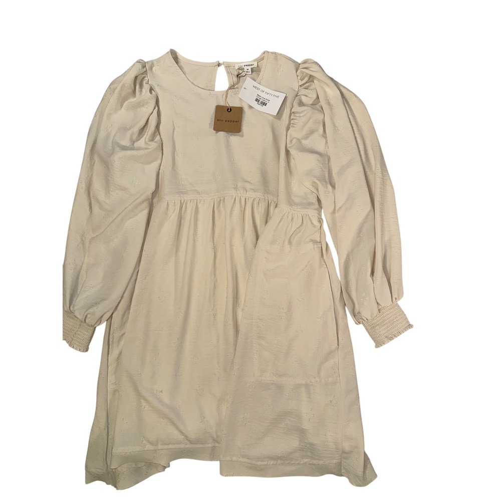 Blu Pepper Basic Love Dress Cream Swiss Dot Puff Sleeve Babydoll Mini Medium NEW - Picture 9 of 12